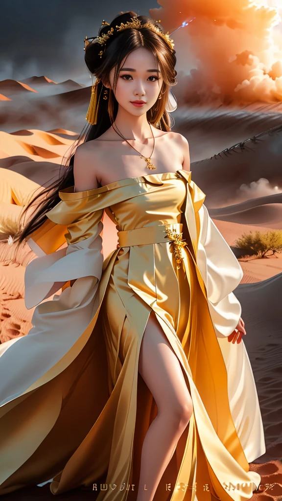 Girl in traditional Chinese clothing, Hanfu, Guzhen Hanfu women, White Hanfu,(long straight black hair:1.5), black eyes, black bun hairstyle, hair accessories ,gold long earrings, , Dia Necklace, Clear eyes, Facing forward,put on makeup, Long eyelashes ,(black long shoulder coat:1.8), (Very long skirt, black:1.5), ((Whole body covering)), Clear face, hair accessoriesจำนวนมาก , (Very beautiful face, Beautiful mouth, beautiful eyes), detailed face, ((Ultra-fine skin)), In the dark, deep shadows, an ancient Chinese girl (Very slim figure 1.3) ,Plump breasts, elegant posture , There is a red flower spot on the forehead. , pointing at the camera, (desert storm:1.9),(nighttime:1.2) , (White aura around:1.6)