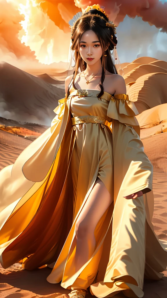 Girl in traditional Chinese clothing, Hanfu, Guzhen Hanfu women, White Hanfu,(long straight black hair:1.5), black eyes, black bun hairstyle, hair accessories ,gold long earrings, , Dia Necklace, Clear eyes, Facing forward,put on makeup, Long eyelashes ,(black long shoulder coat:1.8), (Very long skirt, black:1.5), ((Whole body covering)), Clear face, hair accessoriesจำนวนมาก , (Very beautiful face, Beautiful mouth, beautiful eyes), detailed face, ((Ultra-fine skin)), In the dark, deep shadows, an ancient Chinese girl (Very slim figure 1.3) ,Plump breasts, elegant posture , There is a red flower spot on the forehead. , pointing at the camera, (desert storm:1.9),(nighttime:1.2) , (White aura around:1.6)