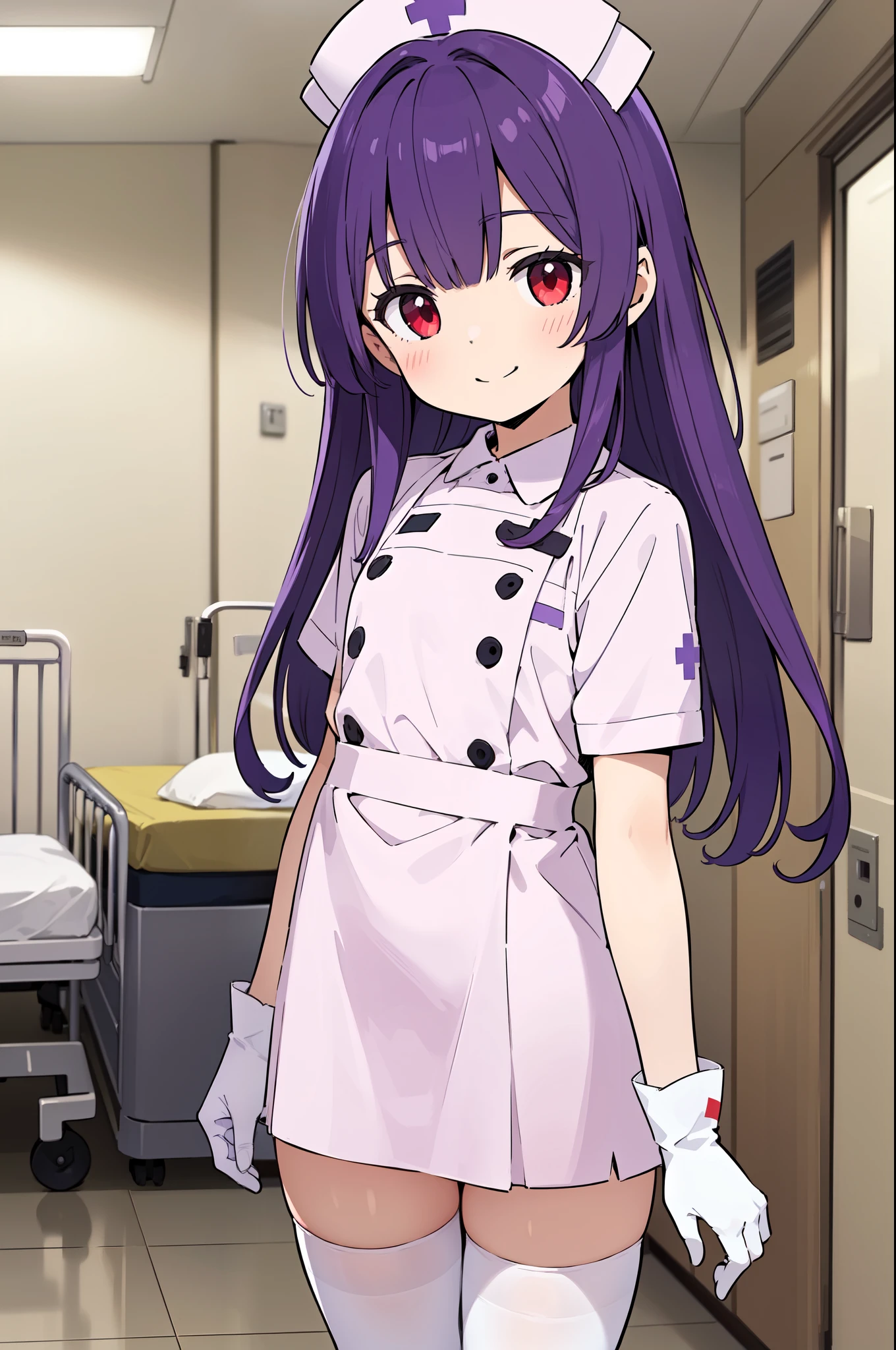 1boy, solo, male focus, nurse, white nurse cap, white nurse uniform, ((white legwear, zettai ryouiki)), white gloves, long hair, purple hair, red eyes, smile, standing, ((hospital room)), sharp outline, short sleeves, shota, , best quality, masterpiece