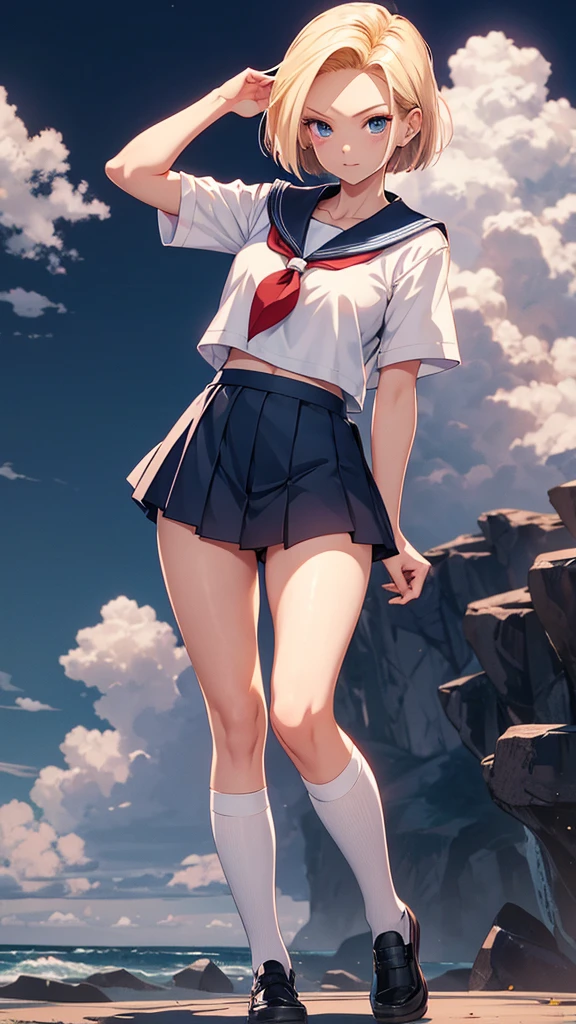 Masterpiece, Best Quality, Official Art, (Very Detailed CG Unity 8k wallpaper), Detailed backgrounds ,, Attractive and sexy woman, College girl, The wind blows, (((Flips up skirt, panties are visible)))), (Curvaceous), ( White thighs: 1.12), ( Blue eyes: 1.13), (High ponytail: 1.12), Look bigger, (cleavage), beautiful face, (blush: 1.11), ( Smile:1.11)