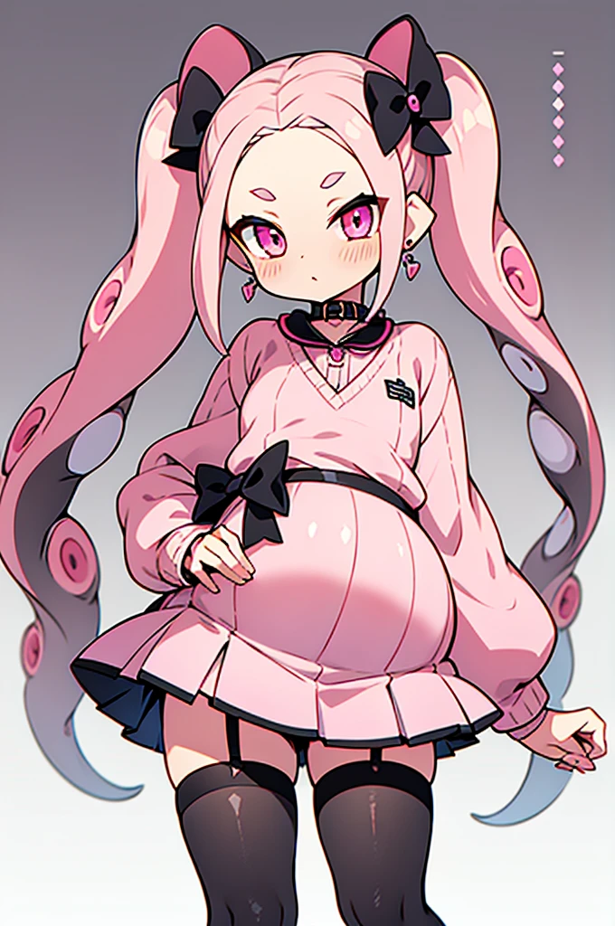 Insanely detailed super accurate anime illustration,pink sweater with vertical lines,
black pleated skirt,
earrings,garter belt,
black knee socks,pink twintails, pink skirt, collar, bow, black thighhighs, black footwear,
splatoon's octoling,octopus girl,forehead,pregnant,
