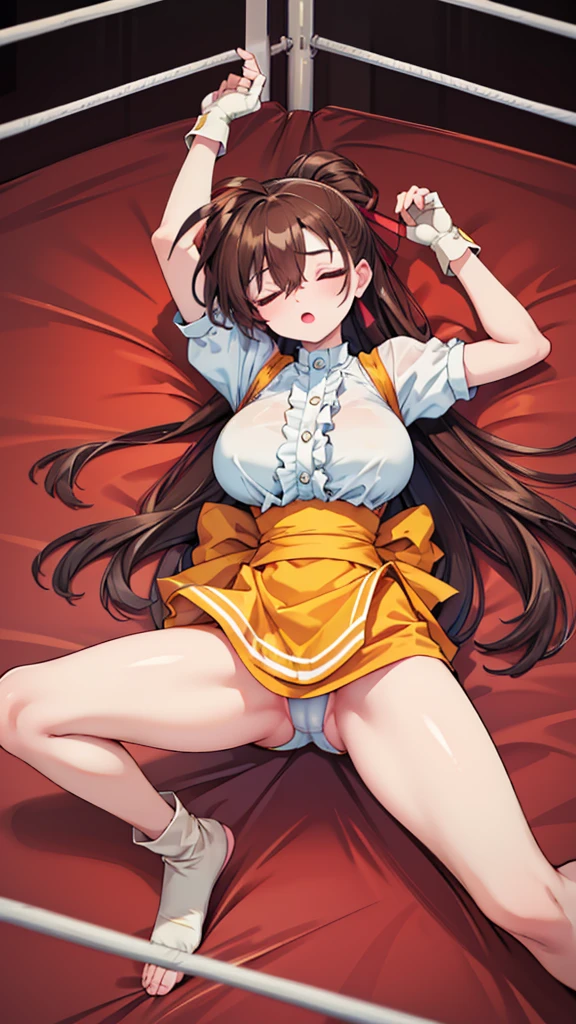 Highest quality，masterpiece，Lying down，sleep，(レスリングのリングにLying down, WWE Divas，Wrestling Arena，Wrestling ring background, Boxing ring background), 仰向けにsleep, Lack of stamina, Ryona, Hitting a girl, death is near，タケユカ 超ロングヘア ヘアribbon, Frilled shirt, Underbust, ribbon, Fingerless gloves, White gloves, Waist apron, Orange Skirt, socks, Toeless legwear，winner, Nice, winner, (Moaning , Open your mouth), ((, 仰向けにsleep, 地面にsleep, lose consciousness, Unconscious, )), , ( Tilt your head),