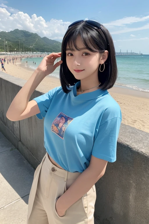 (8K, RAW photograph, Highest quality, masterpiece:1.3),(Genuine,photograph:1.37),(Looking at the audience:1.331),(Black Hair),Pause,Beachfront,Morning view,sunrise,sunny,One girl,Very beautiful face,small,Hands down,Pony Hairstyle,Hair weight,Fluffy hair,Shoulder length,Straight hair,Random representation,Smile with the corners of your mouth,Big eyes,(T-Shirts,Round Collar,Short sleeve,Opaque color,Shirt color),(Wear pants),Mix 4,Hair accessories are not permitted,Highest quality Hair