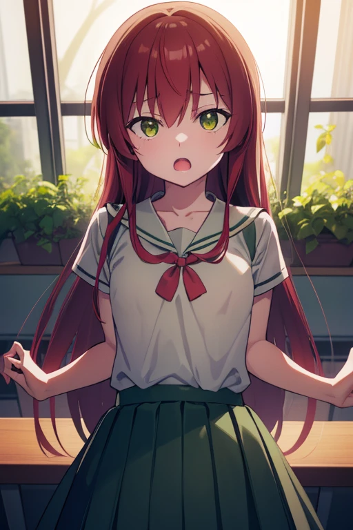 Kitaikuyo, Ikuyo Kita, (Green Eyes:1.5), Hair between the eyes, Long Hair, One side up, Redhead, (Flat Chest:1.2),
break black footwear, black skirt, grey Sailor collar, pleated skirt, Sailor collar, , shoes, Short sleeve, Tall plants , skirt,,
break looking at viewer,
break indoors, classroom,
break (masterpiece:1.2), Highest quality, High resolution, unity 8k wallpaper, (figure:0.8), (Beautiful attention to detail:1.6), Highly detailed face, Perfect lighting, Highly detailed CG, (Perfect hands, Perfect Anatomy),On the chest.Big Breasts.Sad face.Open your mouth.