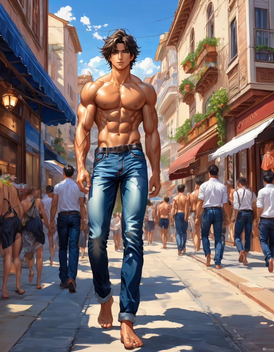 in hentai+ yaoi+anime style 

anime style high-chorma colors palette , simetryc composition,  ultradetailed art style, oil painting, fullbody, perfect compositicion,  perfect anatomy, dramatic, natural lighting, a young gorgeous, handsome, tall, perfect feet, latino ,  detailed realistic muscles, simetryc body,

He is shirtless, barefoot wearing blue jeans, sexy gaze, smirk

he is  walking  on a city sstreet staritning to the viewer smiling

in the background, large street 