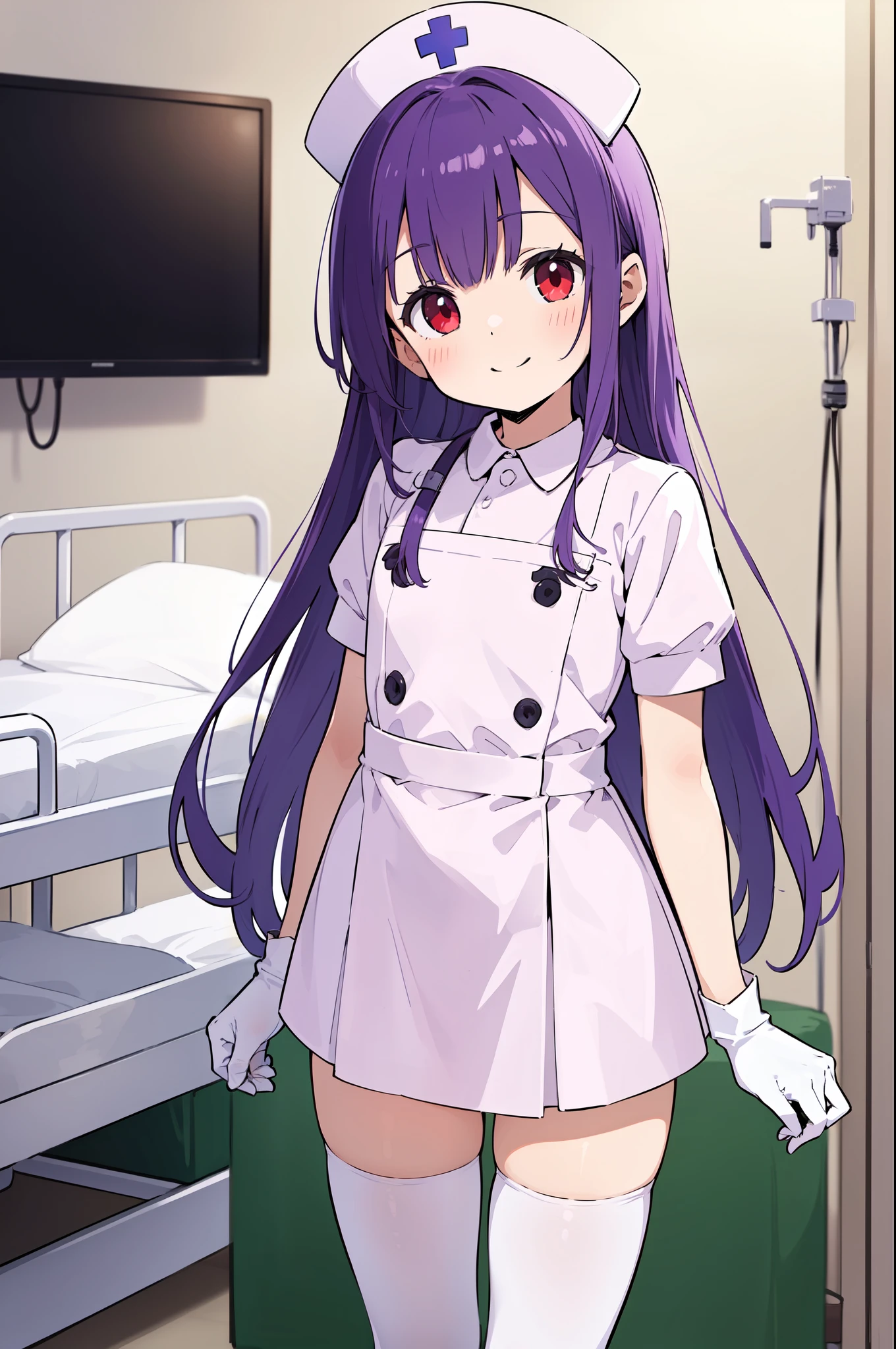 1boy, solo, male focus, nurse, white nurse cap, white nurse uniform, ((white legwear, zettai ryouiki)), white gloves, long hair, purple hair, red eyes, smile, standing, ((hospital room)), sharp outline, short sleeves, shota, , best quality, masterpiece