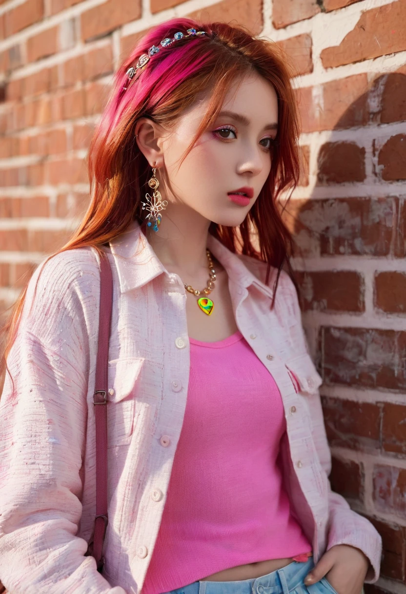 (masterpiece, best quality, 1 girl, Solitary, Intricate details, Chromatic Aberration), Practical, ((Moderate breathing)),Long hair, Red hair, Red decoration on head, Pink highlights, Amber eyes, earrings, Sharp eyes, necklace, Neon shirt, Ripped shorts, Unbuttoned jacket, turtleneck sweater, night, Against the wall, Brick Wall, Graffiti, Dim Lights, alley, Look at the audience