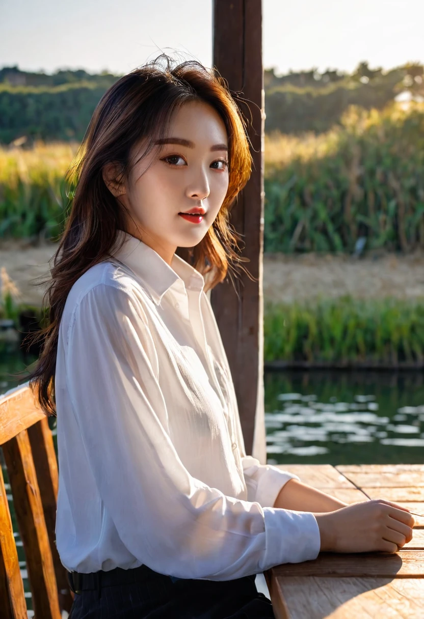 natural daily white sleevless shirt korean girl in the Morning rise, warm sunlight, a morning by the dock, sitting at outdoor cafe, big windows, cozy atmosphere, person in the bacground, depth of fields, Nikon z6 RAW image, playing with shadow, playing with lighting, rim light, hair light. back light, shadow,