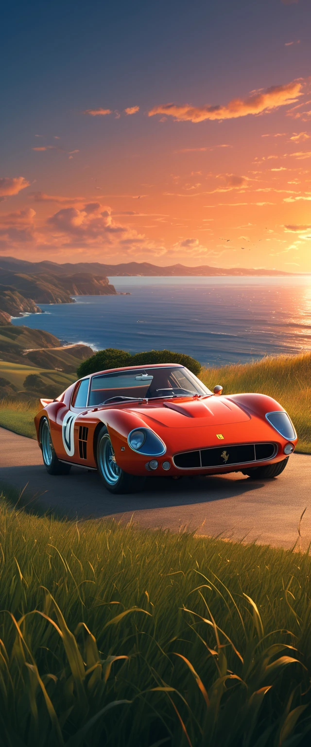 High quality, 8K Ultra HD. The image shows a boy next to an anime Ferrari 250 GTO looking at the ocean at sunrise from a grassy hill, with a background of vibrant blue sky and red and orange tones of the sun. anime art wallpaper 4k, anime art wallpaper 4K, anime background, anime art wallpaper 8K, anime art background, anime landscape wallpaper, amazing wallpaper, high quality wallpaper definition,4k animated wallpaper,4k animated wallpaper,Aries Moross art,Bob Byerley art,AshleyWoodArtAI,greg rutkowski