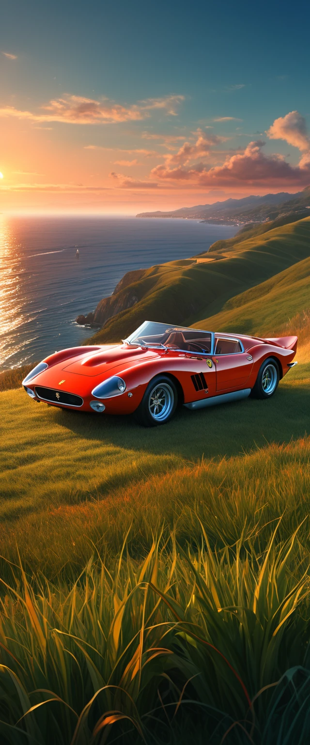 High quality, 8K Ultra HD. The image shows a boy next to an anime Ferrari 250 GTO looking at the ocean at sunrise from a grassy hill, with a background of vibrant blue sky and red and orange tones of the sun. anime art wallpaper 4k, anime art wallpaper 4K, anime background, anime art wallpaper 8K, anime art background, anime landscape wallpaper, amazing wallpaper, high quality wallpaper definition,4k animated wallpaper,4k animated wallpaper,Aries Moross art,Bob Byerley art,AshleyWoodArtAI,greg rutkowski