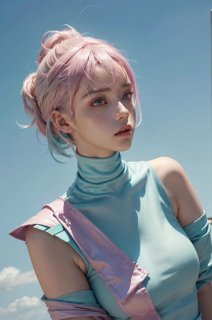 a 20 yo woman, pink and blue hair, (hi-top fade:1.3), pastel green theme, soothing tones, muted colors, high contrast, (natural skin texture, hyperrealism, soft light, sharp) fantasy knight armor