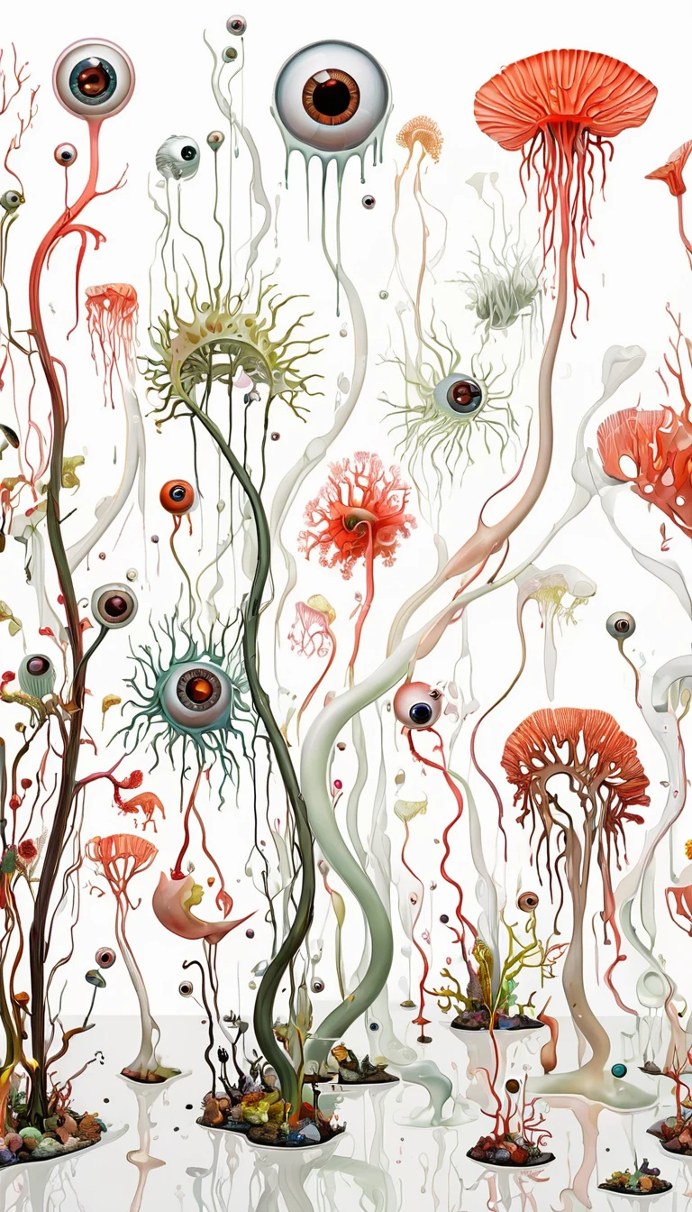 in style of stephen gamel,in style of Harry Bertoia,(in style of Nick Veasey:1.1),(in style of Alan Aldridge:0.7),
abstract style,twig,eyeballs, corals,(abstract cubism:1.3),monsters in shape,carnivorous plants,diagonal composition,(irregular composition:1.3),(curve lightline:1.4),white_background,(imagining:1.4),(melting:1.3),upside-down plants,
