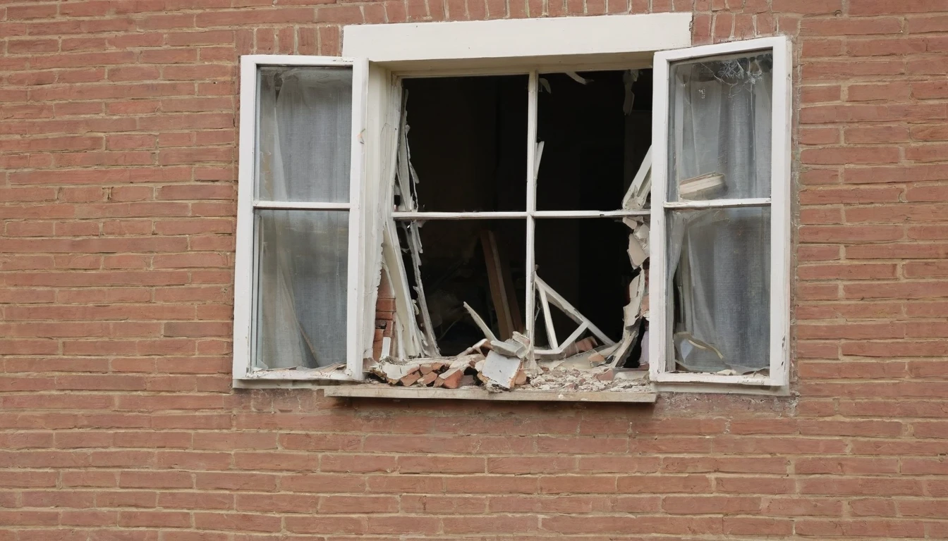 The image shows a living room window broken by a brick.