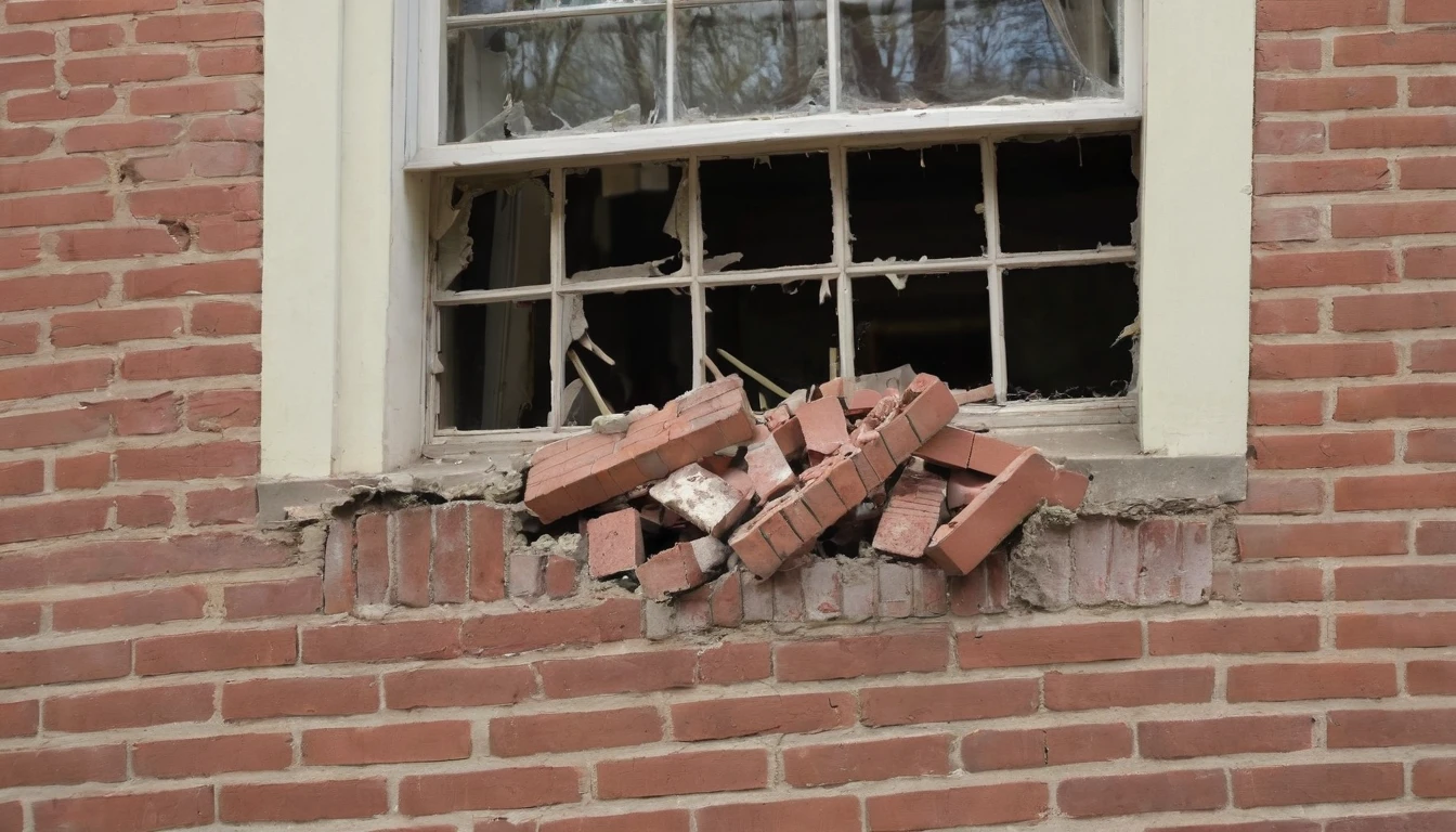 The image shows a living room window broken by a brick.