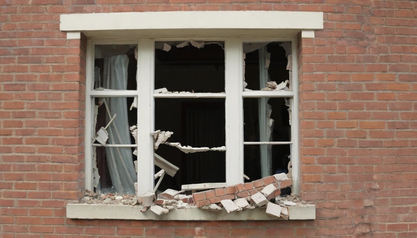 The image shows a living room window broken by a brick.