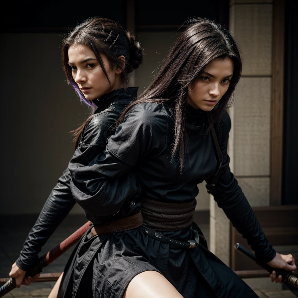 génére moi la plus belle femme ninja au monde avec des long cheveux de couleurs noir bien coiffé une armure de samurai moderne et réaliste avec un sabre de ninja je veux que cela soit ultra réaliste en 8k avec le plus de détails de textures de shaders de pixels de beautée de realiste possible