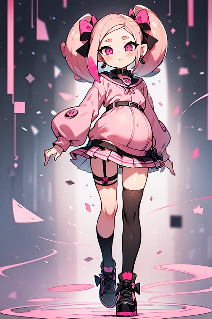 Insanely detailed super accurate anime illustration,pink sweater with vertical lines,
black pleated skirt,
earrings,garter belt,
black knee socks,pink twintails, pink skirt, collar, bow, black thighhighs, black footwear,
splatoon's octoling,octopus girl,forehead,pregnant,young girl,