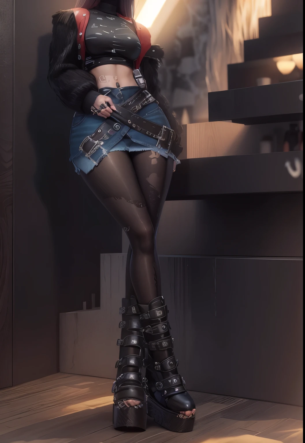 AVATAR SECOND LIFE Korean girl wearing black top, Asian, , Perfect and detailed face, imvu, maximalist details, AVATAR SECOND LIFE Korean blusa , neon, denim skirt com cinta preta, denim skirt,