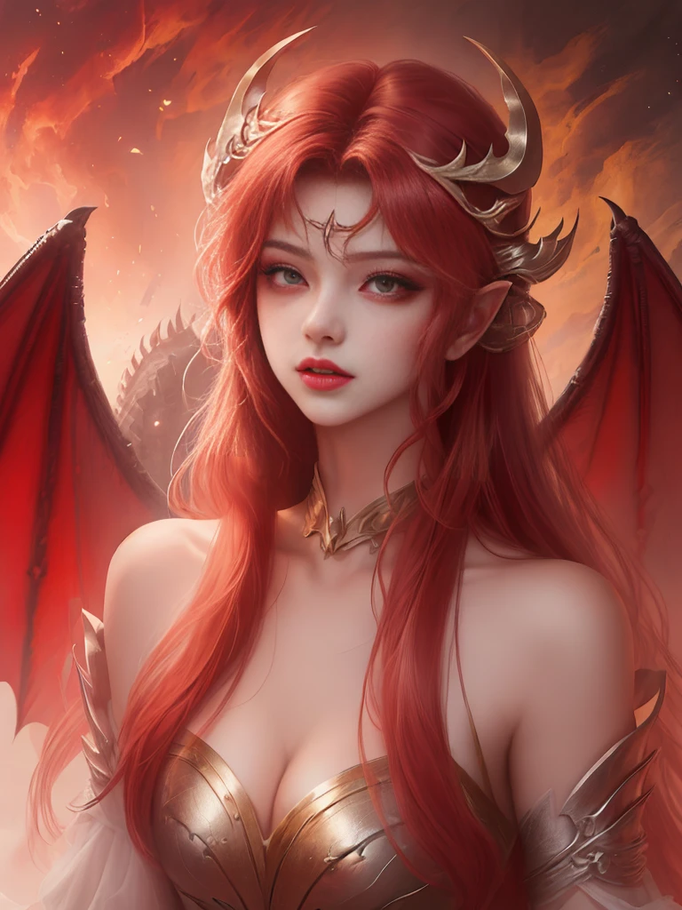 Anime girl with red hair and wings, body shot,
dragon girl, Dragon Queen, queen of dragons, dragon girl, by ヤン・J, beautiful succubus, detailed digital anime art, detailed anime art, anime fantasy illustration, epic fantasy art style, detailed anime artワーク, fusion of humans and dragons, anime fantasy artwork, background dragon, epic anime artwork