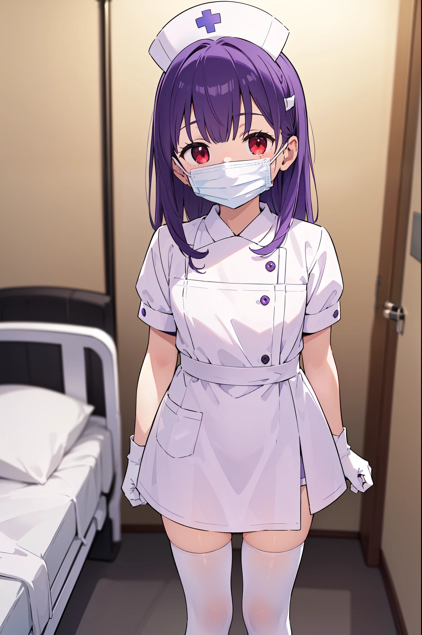 1boy, solo, male focus, nurse, white nurse cap, white nurse uniform, ((white legwear, zettai ryouiki)), white gloves, long hair, purple hair, red eyes, ((white surgical mask, covered nose)), standing, ((hospital room)), sharp outline, short sleeves, shota, 12 years old, best quality, masterpiece