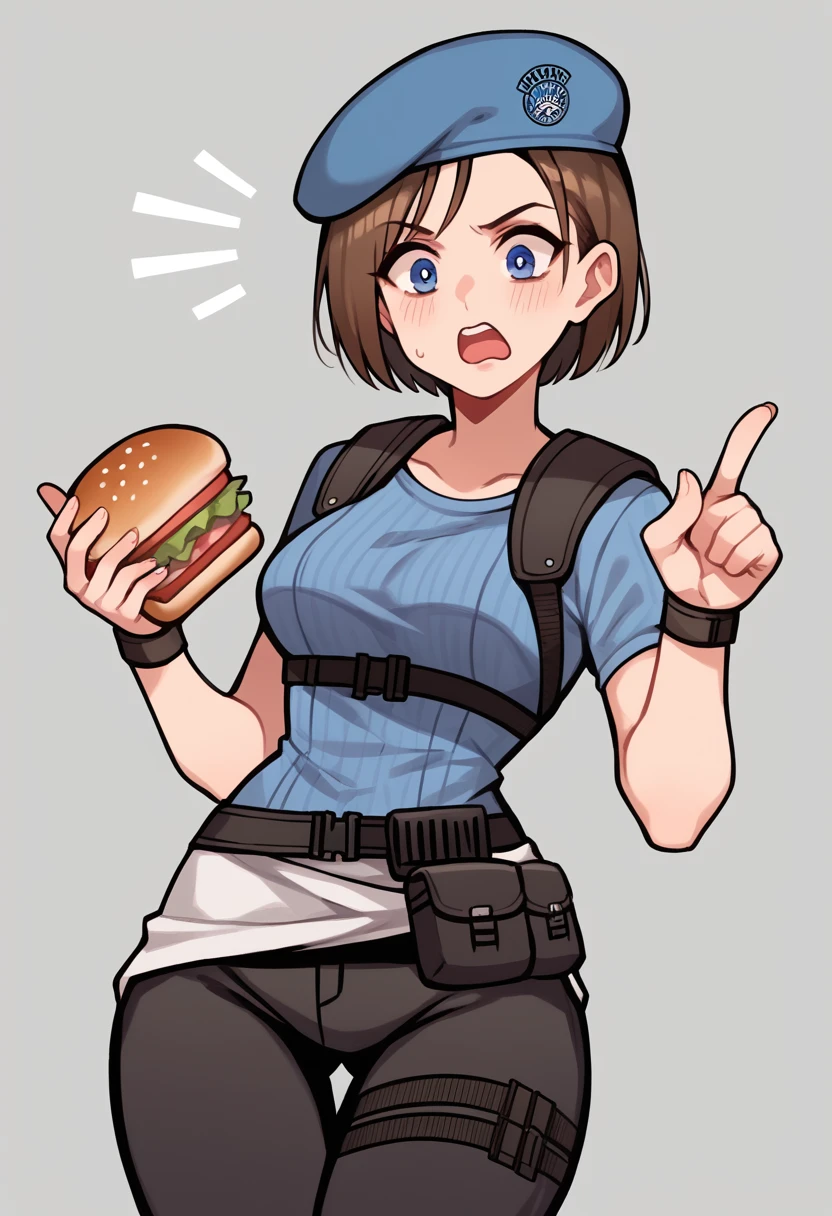 character: Jill Valentine in chibi style.
outfit: His iconic uniform "Resident Evil" (beret azul, Light blue shirt, dark pants).
expression: An expression of surprise or bewilderment.
Sandwich Transformation:
pan: A soft white bread on top and bottom.
Stuffed: Jill would be between two slices of bread, with its head and limbs protruding. You could add items like lettuce and tomato to make the sandwich more obvious..
Additional details: A small sign next to it that says "We almost had a Jill sandwich!!" with an arrow pointing at Jill.
composition:
bottom: A simple environment, perhaps with a Resident Evil laboratory setting or a neutral background to highlight the character.
Color palette: vibrant and saturated colors, typical chibi style.