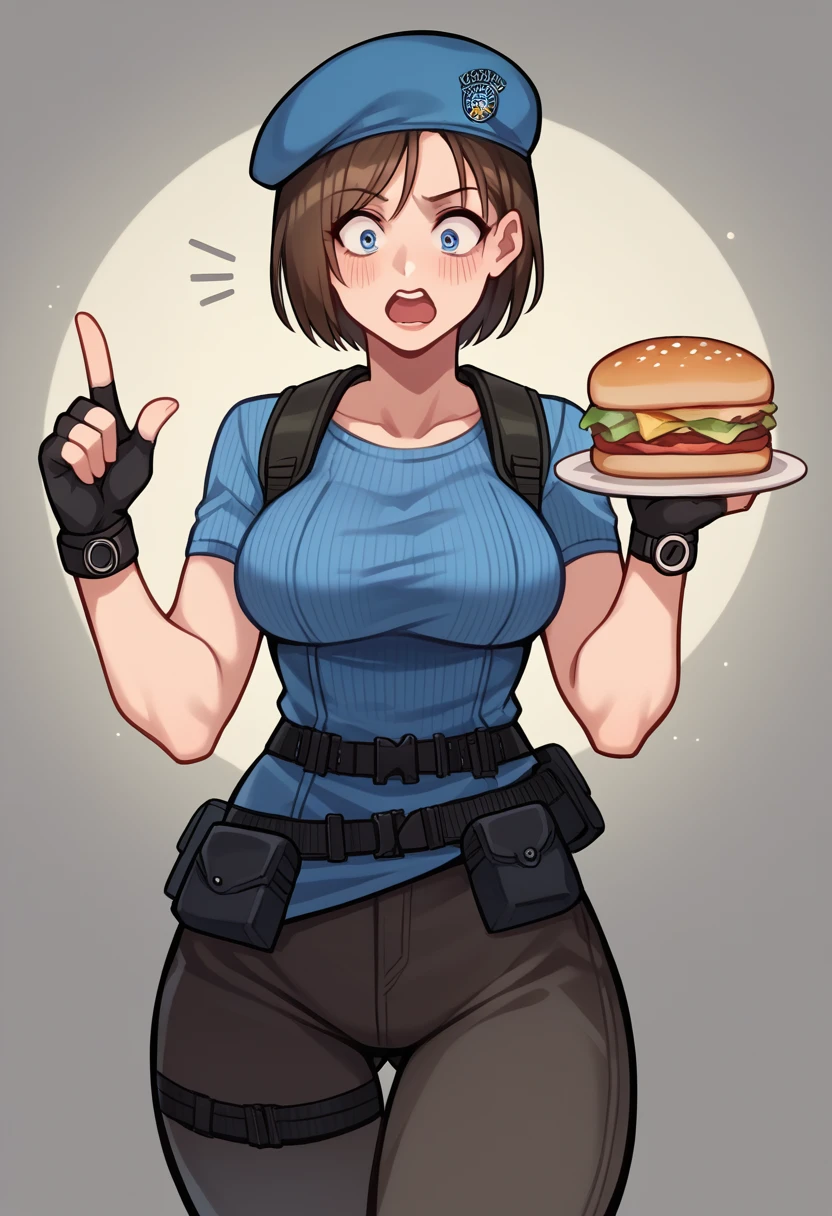 character: Jill Valentine in chibi style.
outfit: His iconic uniform "Resident Evil" (beret azul, Light blue shirt, dark pants).
expression: An expression of surprise or bewilderment.
Sandwich Transformation:
pan: A soft white bread on top and bottom.
Stuffed: Jill would be between two slices of bread, with its head and limbs protruding. You could add items like lettuce and tomato to make the sandwich more obvious..
Additional details: A small sign next to it that says "We almost had a Jill sandwich!!" with an arrow pointing at Jill.
composition:
bottom: A simple environment, perhaps with a Resident Evil laboratory setting or a neutral background to highlight the character.
Color palette: vibrant and saturated colors, typical chibi style.