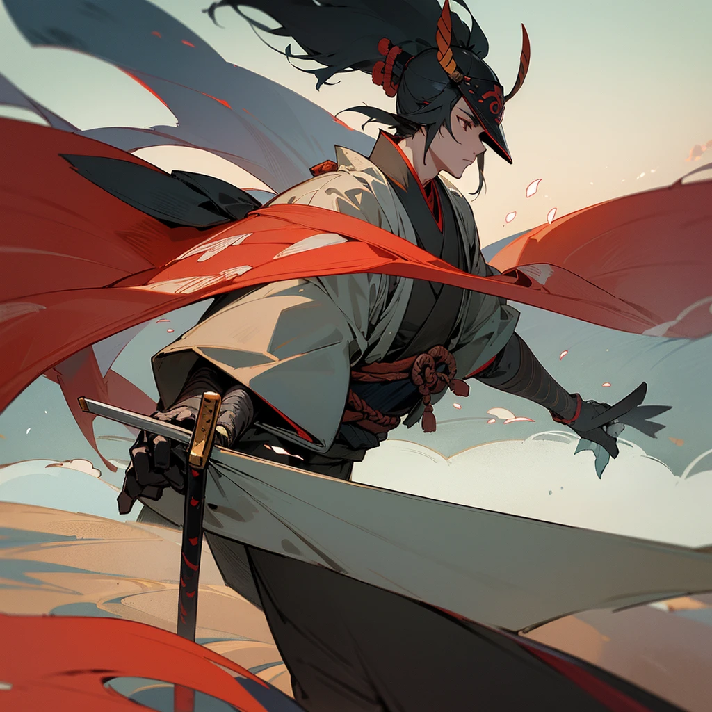 "A highly detailed samurai warrior, dressed in full traditional armor, including an imposing kabuto helmet that conceals their face in shadow. The samurai stands tall and resolute, one hand gripping the hilt of their razor-sharp katana, the other hand holding a set of mahjong tiles and a riichi stick. The background depicts a misty, mountainous Japanese landscape, with pagodas and cherry blossom trees in the distant."