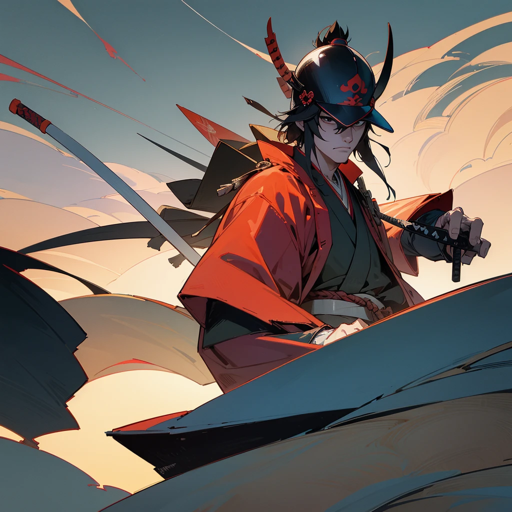 "A highly detailed samurai warrior, dressed in full traditional armor, including an imposing kabuto helmet that conceals their face in shadow. The samurai stands tall and resolute, one hand gripping the hilt of their razor-sharp katana, the other hand holding a set of mahjong tiles and a riichi stick. The background depicts a misty, mountainous Japanese landscape, with pagodas and cherry blossom trees in the distant."