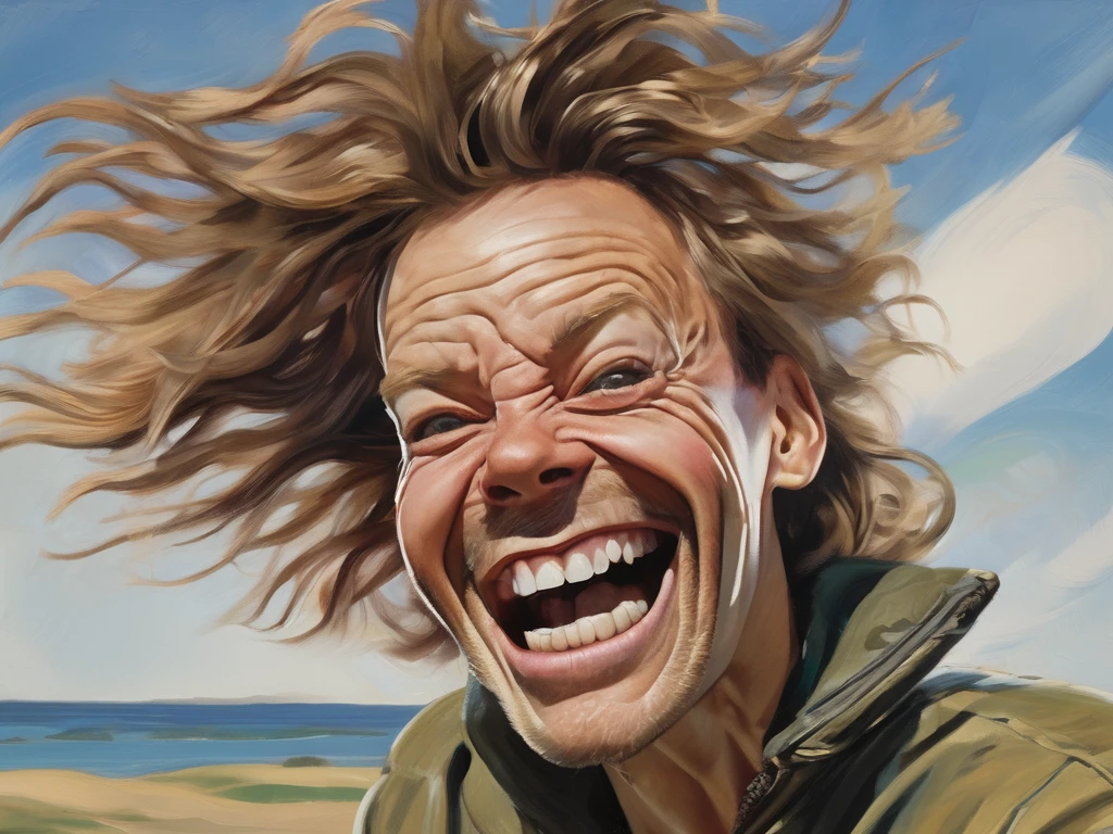 High-energy, close-up portrait of aperson styled in a wild, windblown manner. The subject's facial expression is exaggerated, with one eye squinted and the other wide open, and the mouth stretched into a large, toothy grin which emphasizes the dynamic and humorous nature, The overall composition is centered, focusing on the subject's face and hair.