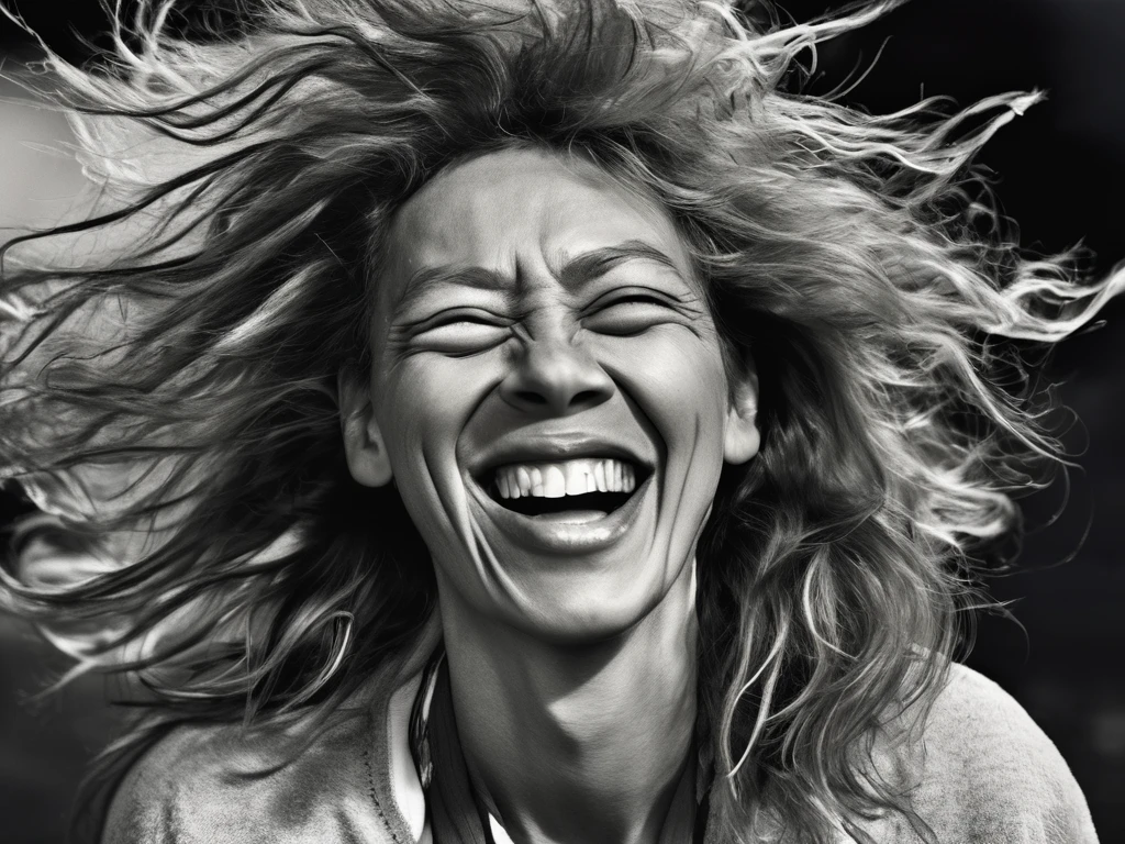 High-energy, close-up portrait of aperson styled in a wild, windblown manner. The subject's facial expression is exaggerated, with one eye squinted and the other wide open, and the mouth stretched into a large, toothy grin which emphasizes the dynamic and humorous nature, The overall composition is centered, focusing on the subject's face and hair.