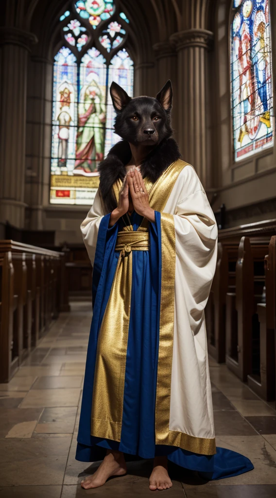 Mona Lisa, pale colors(fantasy sister, robe with gold decoration, offering prayers, church)super fine illustration(stained glass windows, volumetric lighting backlight good lighting, colorful refraction)depth of field(Beautiful and very detailed face and eyes)perfect ???????(angelic beautiful 1boy)(furry beastman)(body covered in fur facial features of animals features of the body of an animal)(highly detailed fur animal muzzle)full body chibi