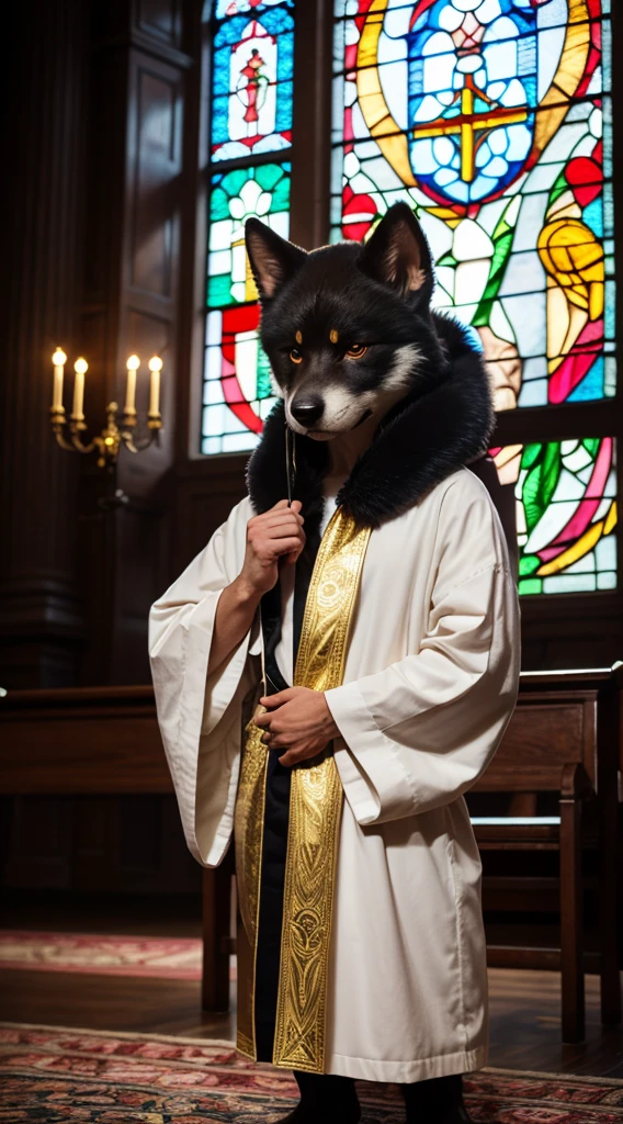 Mona Lisa, pale colors(fantasy sister, robe with gold decoration, offering prayers, church)super fine illustration(stained glass windows, volumetric lighting backlight good lighting, colorful refraction)depth of field(Beautiful and very detailed face and eyes)perfect anatomy(angelic beautiful 1boy)(furry beastman)(body covered in fur facial features of animals features of the body of an animal)(highly detailed fur animal muzzle)full body chibi