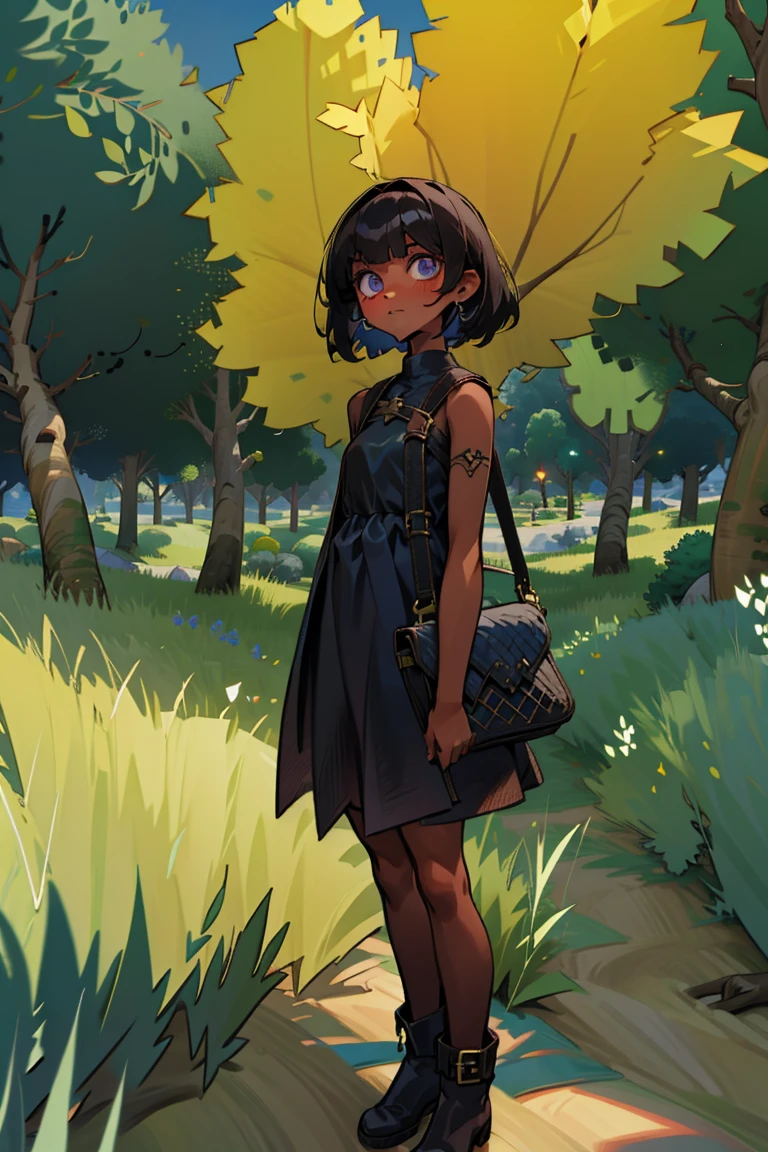 masterpiece, absurdres, 1girl, cowboyshot, tachi-e, mature woman, best aesthetics, small breasts, narrow hips, thin thighs, dark hair, narrow eyes, slanted eyes, brown skin, knee-length dress, round nose, very detailed face, clean lines, dynamic pose, anatomically correct, hyperdetailed, forest atmosphere, beige eyeshadow, clean makeup, violet eyes, detailed hair, sparkling eyes, nature, magic, fantasy, medieval, high fantasy, leather leggings, comfy, cozy, tsurime eyes, SFW, tunic dress, arms by side, outdoors, trees in background, simple bob haircut, messy bangs, hair framing face, straight hair, elf, adult woman, brown dress, green vest, inked comic, comic art, ankle boots, cell shading, cartoon style, tanned skin, broad shoulders, leather satchel, forest mage, dark skin, loose-fitting dress