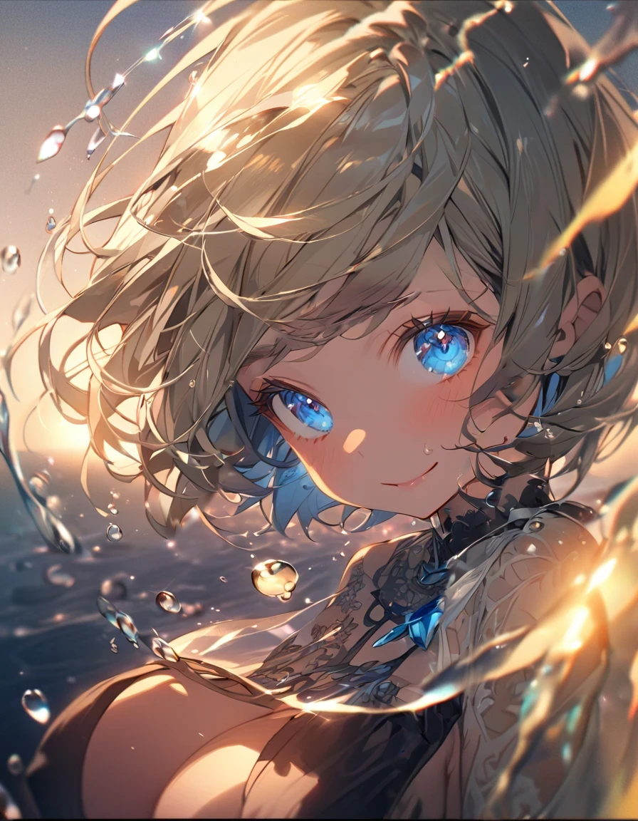 A cute girl in a swimsuit（original bikini swimsuit）(Small body) (Little Girl:1.5), (blonde:1.5）(eyelash:1.2)(eye shadow:1.3) (Blue eyes:1.5), (Beautiful fine details:1.4) (Short Bob Hair:1.4), (Blue eyes)(Big Breasts:1.3) (White skin:1.2)Height: 130cm, original character, Fantasy, View Viewer Art： (A girl with beautiful deep eyes. The depth of field in the photo is perfect、Lens flares create a nice atmosphere. The details of her face really stand out, This photo definitely gets a 10 or more.. background, There is a beautiful sea with crystal clear water and water droplets floating on the surface.　Laughing happily
