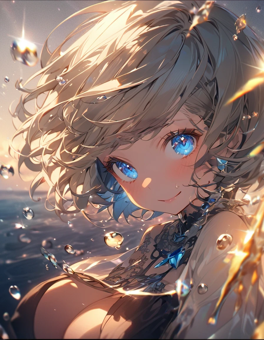 A cute girl in a swimsuit(original bikini swimsuit)(Small body) (:1.5), (blonde:1.5)(eyelash:1.2)(eye shadow:1.3) (Blue eyes:1.5), (Beautiful fine details:1.4) (Short Bob Hair:1.4), (Blue eyes)(Big Breasts:1.3) (White skin:1.2)Height: 130cm, original character, Fantasy, View Viewer Art: (A girl with beautiful deep eyes. The depth of field in the photo is perfect、Lens flares create a nice atmosphere. The details of her face really stand out, This photo definitely gets a 10 or more.. background, There is a beautiful sea with crystal clear water and water droplets floating on the surface. Laughing happily