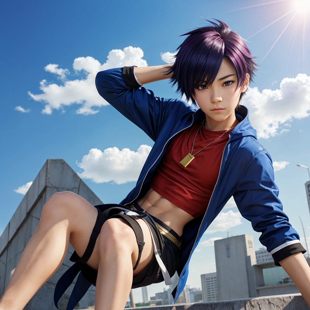 Create an young anime character in heroic pose gender male