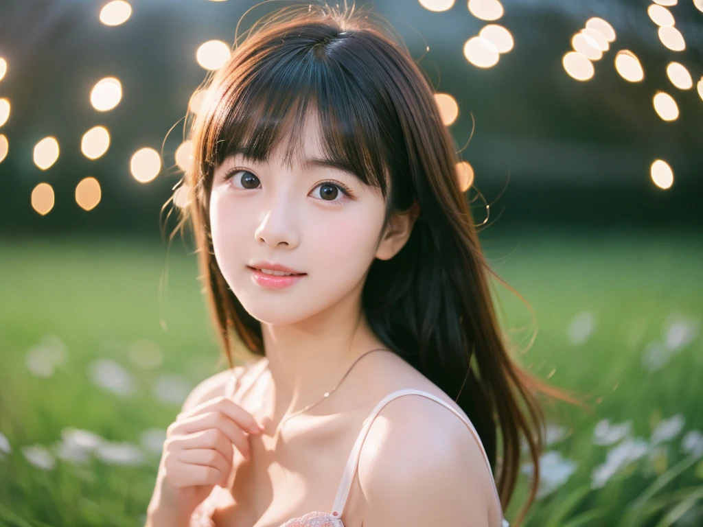 A very cute face like an idol、Looks like a young face、20-year-old female、Gentle and cute、Cleavage、Beautiful starry night、Natural light、SLR、Film Camera、RAW Photos、Genuine、live-action、(Artistry)、Artistic Expression、Real Stick、High resolution、masterpiece