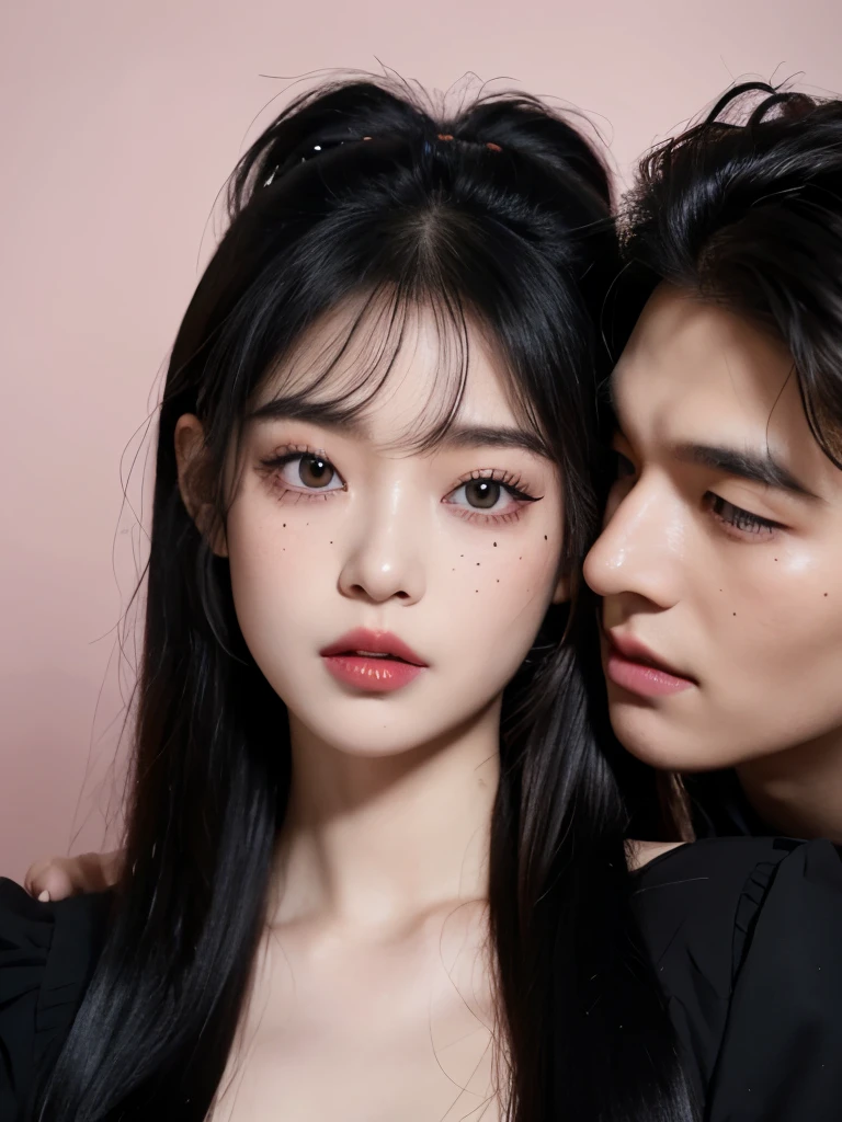 Kim Jennie with dark black hair, with curlers at the ends of dark black hair, with a star clip in her dark black hair, light colored eyes, Beautiful eyes, crying eyes, Beautiful, splash nose, Beautifuls labios, pink lips, heart and cupid shaped lip, Beautiful skin, pale, White skin, with moles and freckles all over his face, soft pink blush on cheeks, natural pink blush, dark and gothic makeup, Jennie the goth, while she is with a cute boy by her side, with a cute asian boy standing next to her, while there is a man's torso, while the man'His hand is on his jaw.., Handsome man'hands, with a gothic boy, Beautifuls collares, marked collar, frown, angry look, with a kiss necklace, a Beautiful kiss necklace, while her nipples are visible (big breasts, soft breasts, Beautifuls pechos, natural breasts), with a white dress, short and transparent dress, visible on the nipple, with a boy by his side, with her boyfriend, looking to the camera, autophoto
