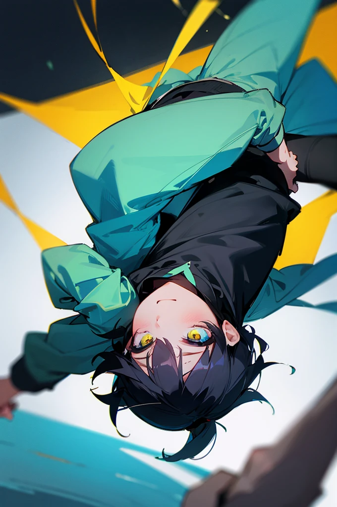 A boy around with black hair, cyan and yellow mixed eyes, glowing from his eyes, wearing a black hoodie, floating upside down
