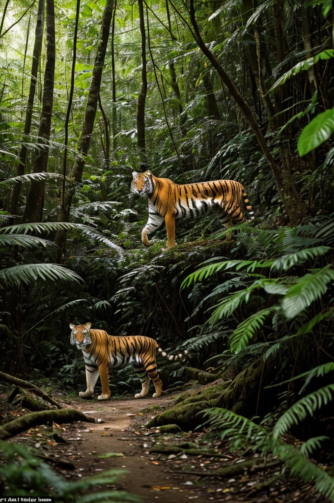 In the dense forest, a majestic tiger prowled silently, its orange and black stripes blending with the dappled sunlight filtering through the canopy. Nearby, a sleek cobra slithered gracefully through the undergrowth, its hood flaring subtly as it navigated the jungle floor.