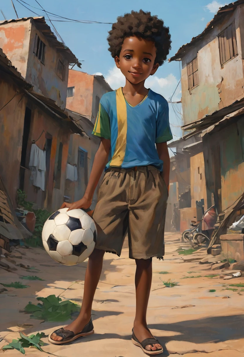A poor Afro-Brazilian boy in a favela in Porto Alegre Rio Grande do Sul Brazil drawn by Todd McFarlane and Greg Capullo, he is wearing old and torn clothes, he is playing with a soccer ball and playing with his little dog, a favela in the background, Robert Downey Jr Reference., engine unreal, octane rendering, por Jacob Lawrence e Francis Picabia, perfect composition, beautiful detailed intricate insanely detailed octane rendering trending on artstation, 8k art photography, photorrealistic concept art, soft natural volumetric cinematic perfect light, Bright dark, rewarded photography, work of art, oil on canvas, rafael, caravaggio, Greg Rutkowski, beetle, Beksinski, giger, beautiful perfect face with perfect face, a smile on his face with two large central incisors protruding from the bottom lip similar to a rabbit, the detail, highy detailed, photo realist