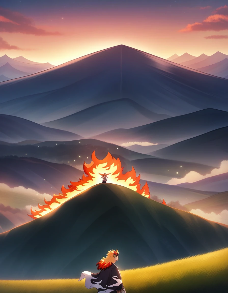 A serene landscape featuring Rengoku standing on a hill, gazing towards a breathtaking sunset. The sky is ablaze with hues of orange, pink, and purple. The lighting is soft and warm, highlighting Rengoku's determined expression. The composition is balanced, with the horizon line dividing the sky and the land. Rengoku's pose is relaxed yet focused, capturing the moment of contemplation. The location is a peaceful countryside, with sparse trees and rolling hills in the background. Rengoku Kyojuro, cabelo loiro, Olhos laranja expressivos, Kimetsu no Yaiba, Sozinho, homem sexy, bonito. Anime Style Demon Slayer type art.