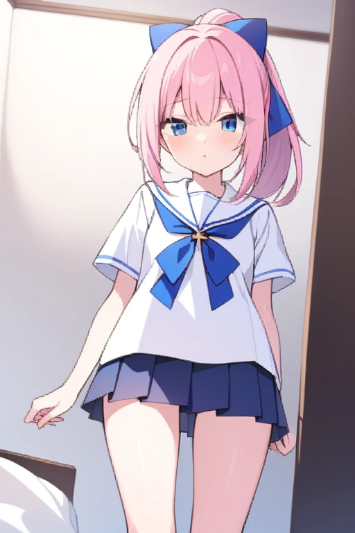 5yo Yachiru wearing a short summer dress(((pink hair, dark pink eyes, tiny body, skinny, , flat chest))), in a big city, view from below, low angle view, upskirt, visible pussy and butt cheeks, looking down at viewer, annoyed, 