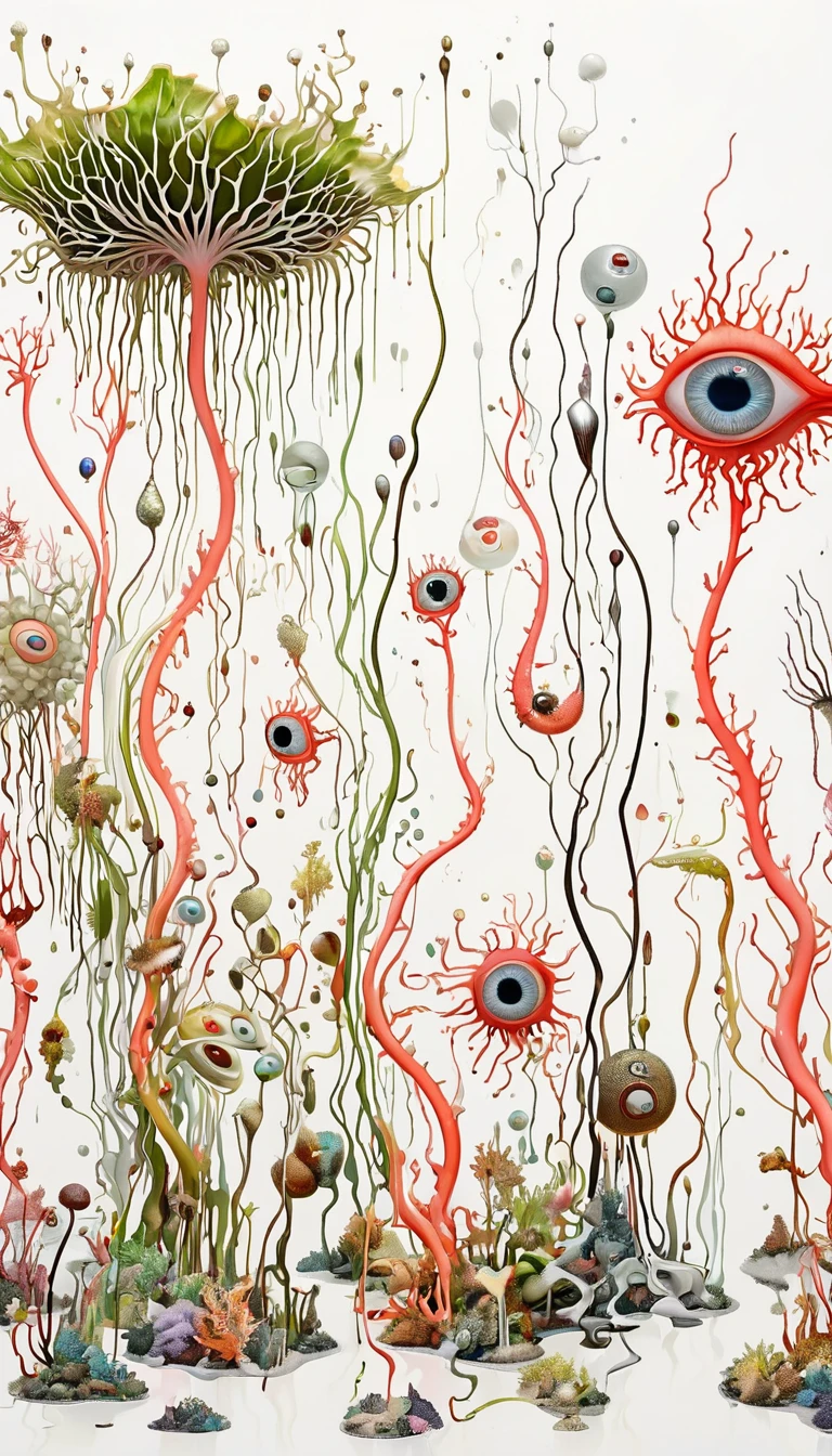 in style of stephen gamel,in style of Harry Bertoia,(in style of Nick Veasey:1.1),(in style of Alan Aldridge:0.7),
abstract style,twig,eyeballs, corals,(abstract cubism:1.3),monsters in shape,carnivorous plants,diagonal composition,(irregular composition:1.3),(curve lightline:1.4),white_background,(imagining:1.4),(melting:1.3),upside-down plants,Pointillism method