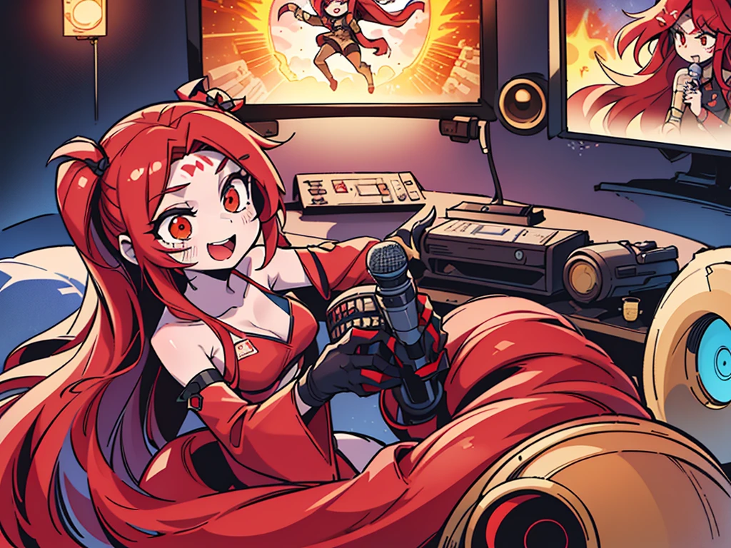 {{{red long hair}}}, 1 girl (solo), radio, microphone, Streaming, No sleeve, indoor, radio, recording, recording, make a sound, program, broadcast, studio, studio, interview, On-air, presenter, audition, {{eye red and gold}}, {peitos grandes}, she is a vtuber
