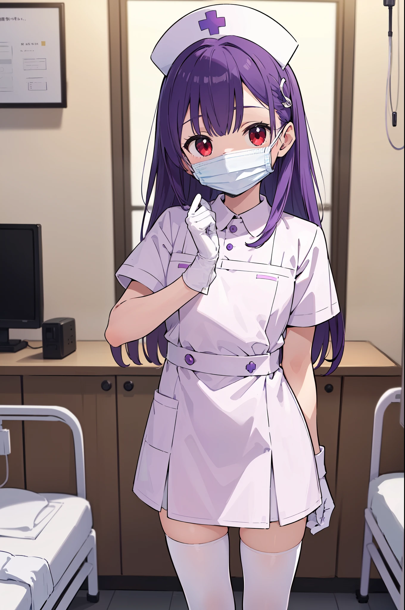 1boy, solo, male focus, nurse, white nurse cap, white nurse uniform, ((white legwear, zettai ryouiki)), white gloves, long hair, purple hair, red eyes, ((white surgical mask, covered nose)), standing, ((hospital room)), sharp outline, short sleeves, shota, 12 years old, best quality, masterpiece