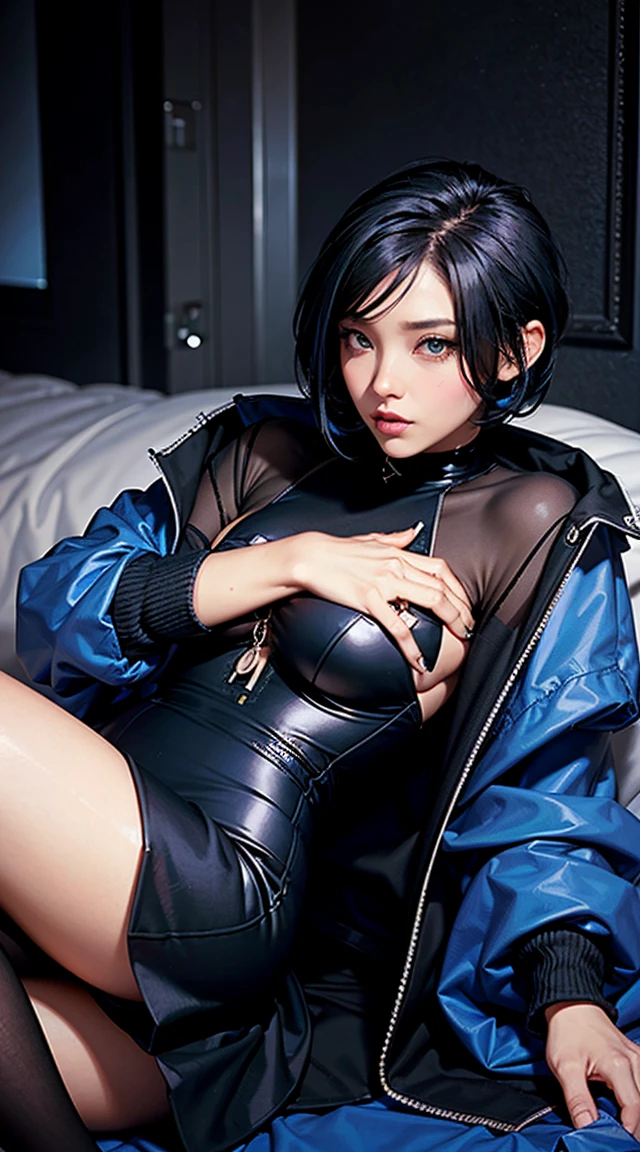 (Pixel art: 1.2), Beautiful Gothic Woman, Sexy Goth Girl, Designer sweatshirt coat with logo, pants, Short black hair with blue tips, Bedroom, Lying in bed, (Isaac Quek: 0.8) [By Ilya Kuvshinov: 0.65]