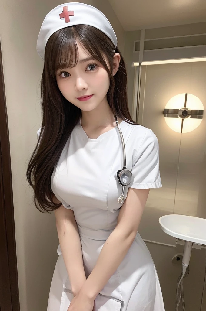 (8k, RAW photo, top quality, masterpiece: 1.2), (realistic, photorealistic: 1.37), ultra detail, ultra high resolution, one girl, beholder, beautiful detailed face, smile, constriction, (slim waist): 1.3), beautiful detailed skin, skin texture, floating hair, professional lighting, Japanese beautiful girl, long hair, bob cut, beautiful hair, 20 years old, attractive breasts, (huge breasts:1.2), beautiful shape breasts, full body from toes to head, standing, Shift gaze away, gaze into the distance, natural color hair, color inner hair, (white nurse:1.5)
