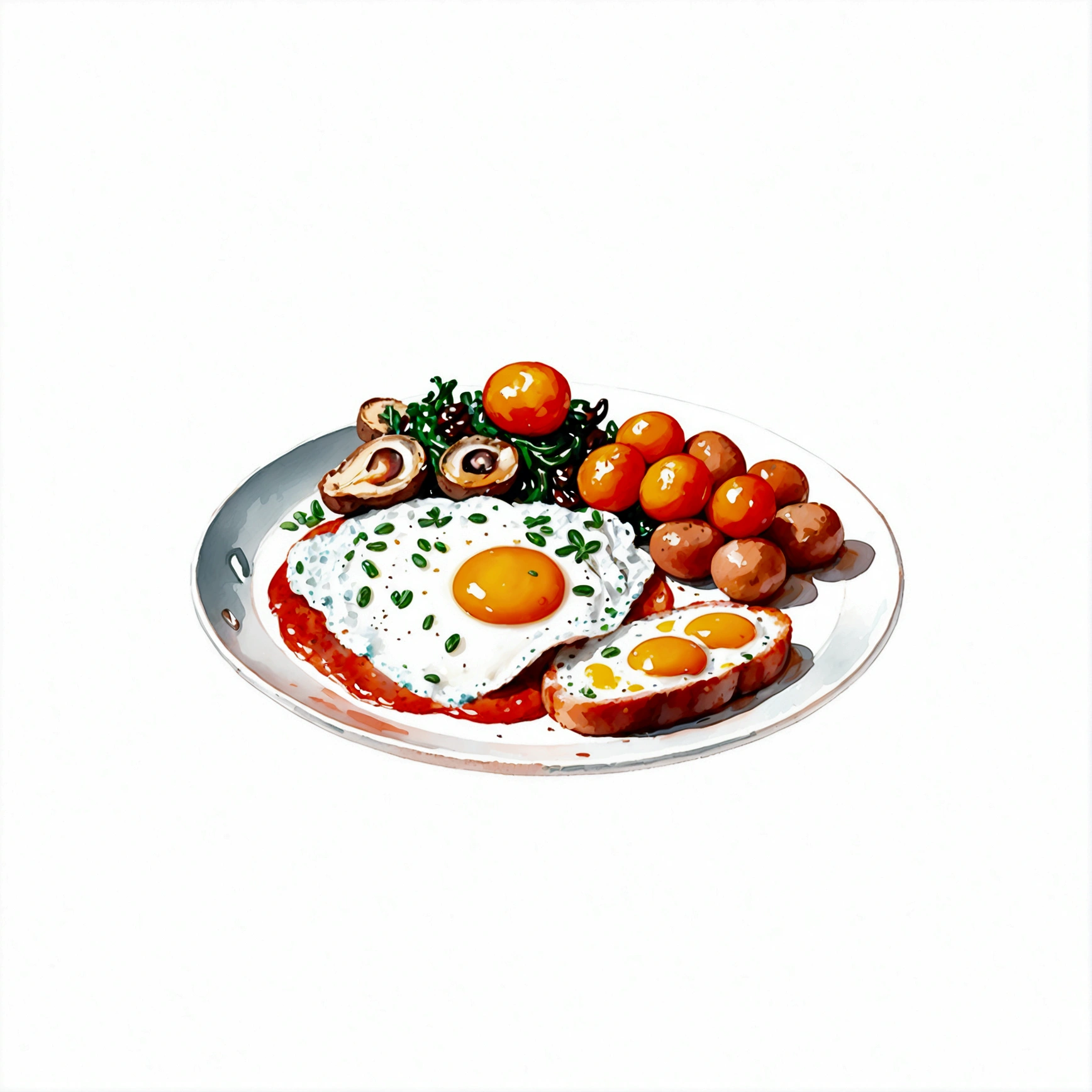 a very clean image painting of a full english breakfast menu, full dining set, ((watercolor)), solid white background, center composition, negative space around the object, washed out color, detailed masterpiece, loose drawing, clipart, vector art, illustration, a cup of (coffee)