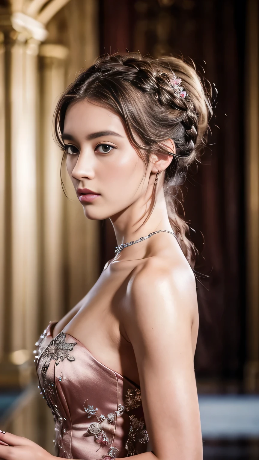 Woman, serious, elegant, pink dress, aristocratic, silver elements, long nails, bare shoulders, hairstyle, hair up, braid and ponytail, messy, arrogant, absurdes, detailed dress, royalty, celebration, hall decorated with flowers, cowboy shot, portrait, (best quality), (masterpiece), (highly detailed), (4k)